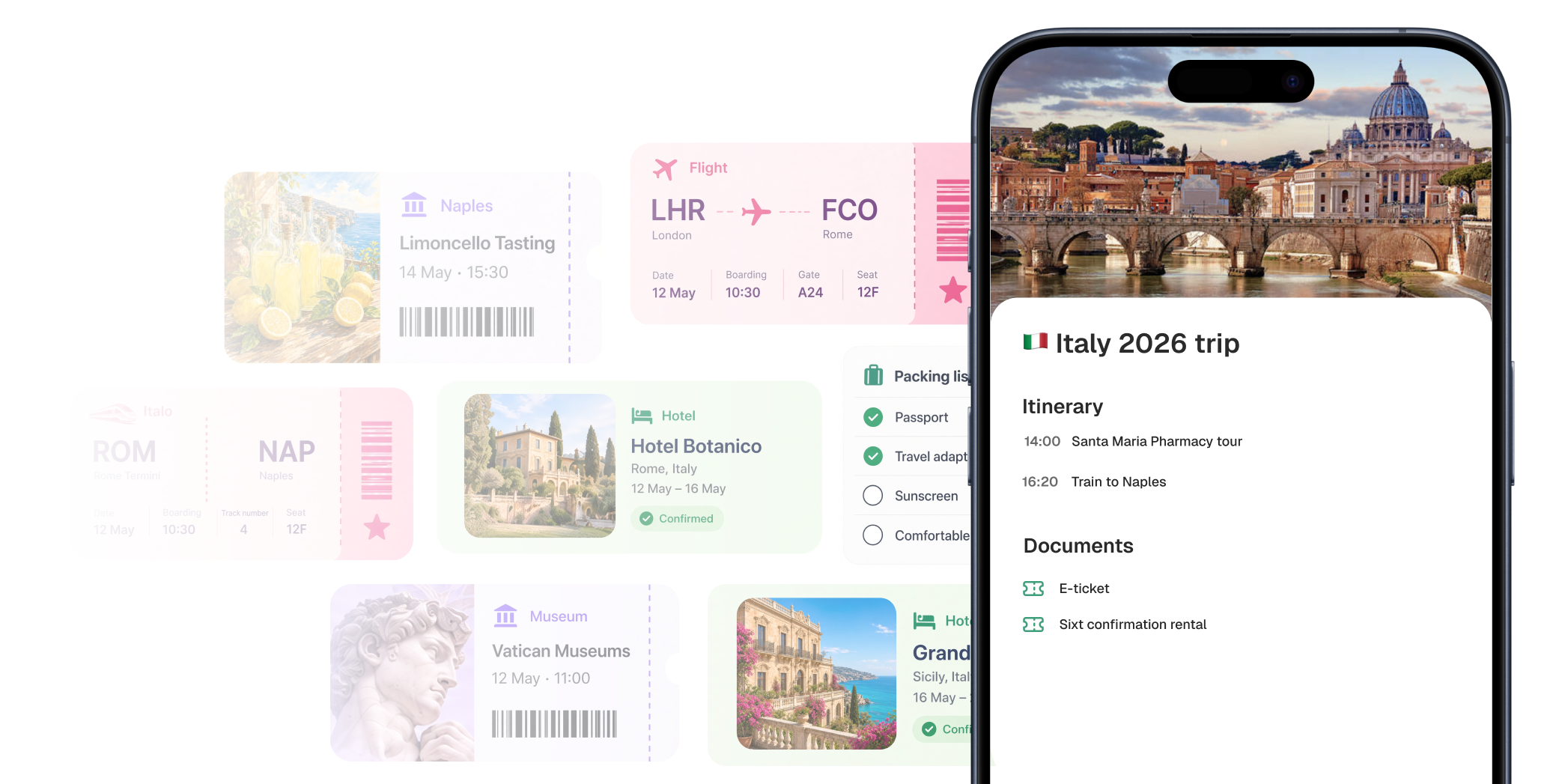 Alpaka travel app showing trips sorted by day